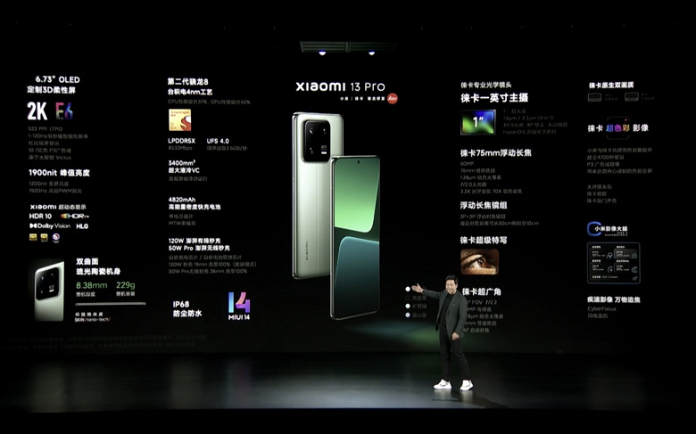 Экран OLED 2K, Snapdragon 8 Gen 2, камера Leica c дюймовым датчиком Sony, 4820 мА·ч, 120 Вт, IP 68. Представлен Xiaomi 13 Pro